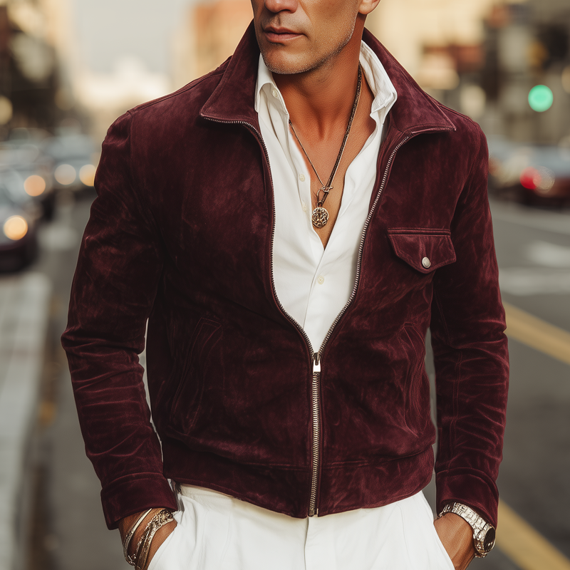Men's Vintage Burgundy Suede Zipper Lapel Jacket MTA1614H5U