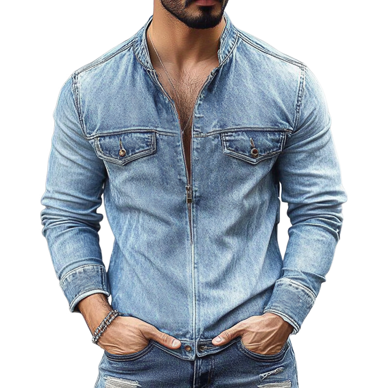 Men's Vintage Washed Distressed Stand Collar Zipper Denim Jacket MTA2279G4X