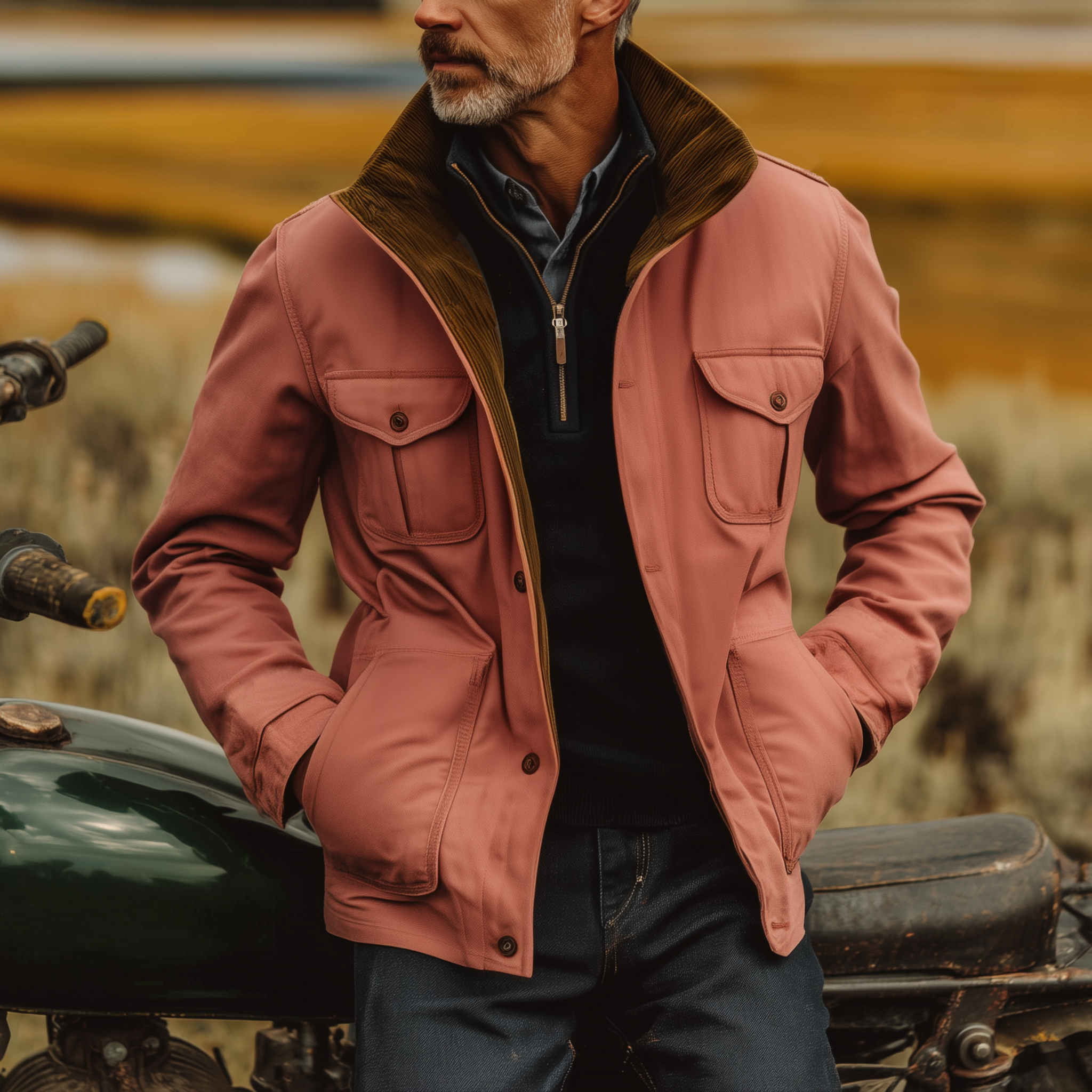 Men's Classic Western Retro Style Stand Collar Multi-pocket Pink Cotton Blend Jacket MTA0520I2K