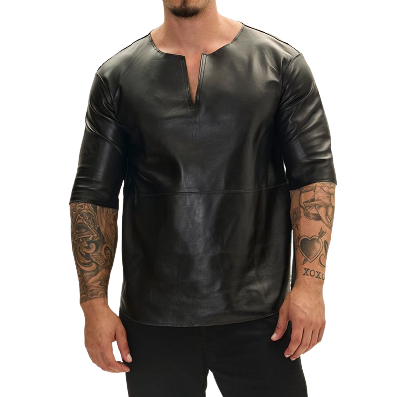 Men's Stylish Casual Leather Slim Fit Short Sleeve T-shirt 49895198K