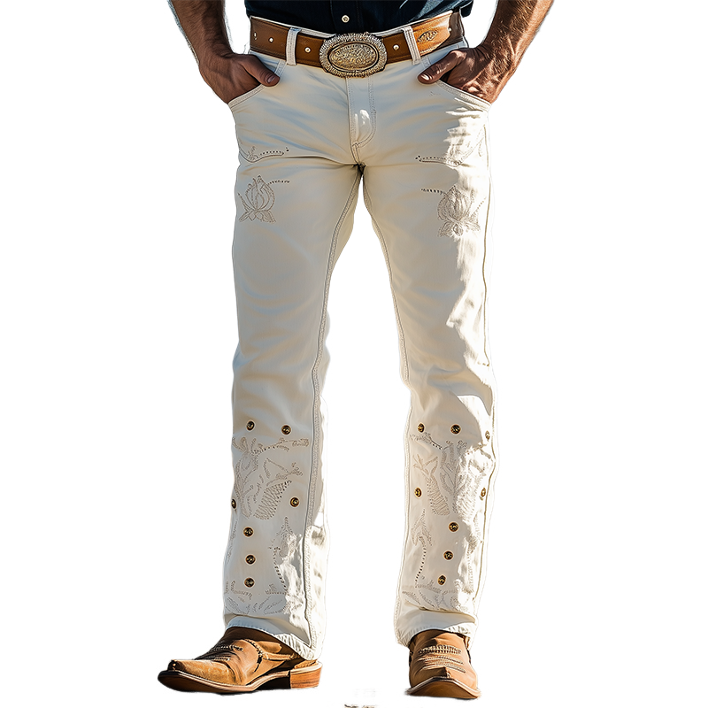 Men's Spring And Summer Fashion Western Tough Style Washed Denim Rivets And Embroidery Decorative Casual Pants MTA1665E4K