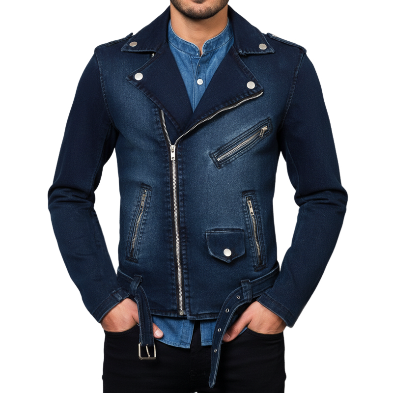 Men's Vintage Faded Distressed Notched Lapel Zipper Denim Jacket MTA1096J9U