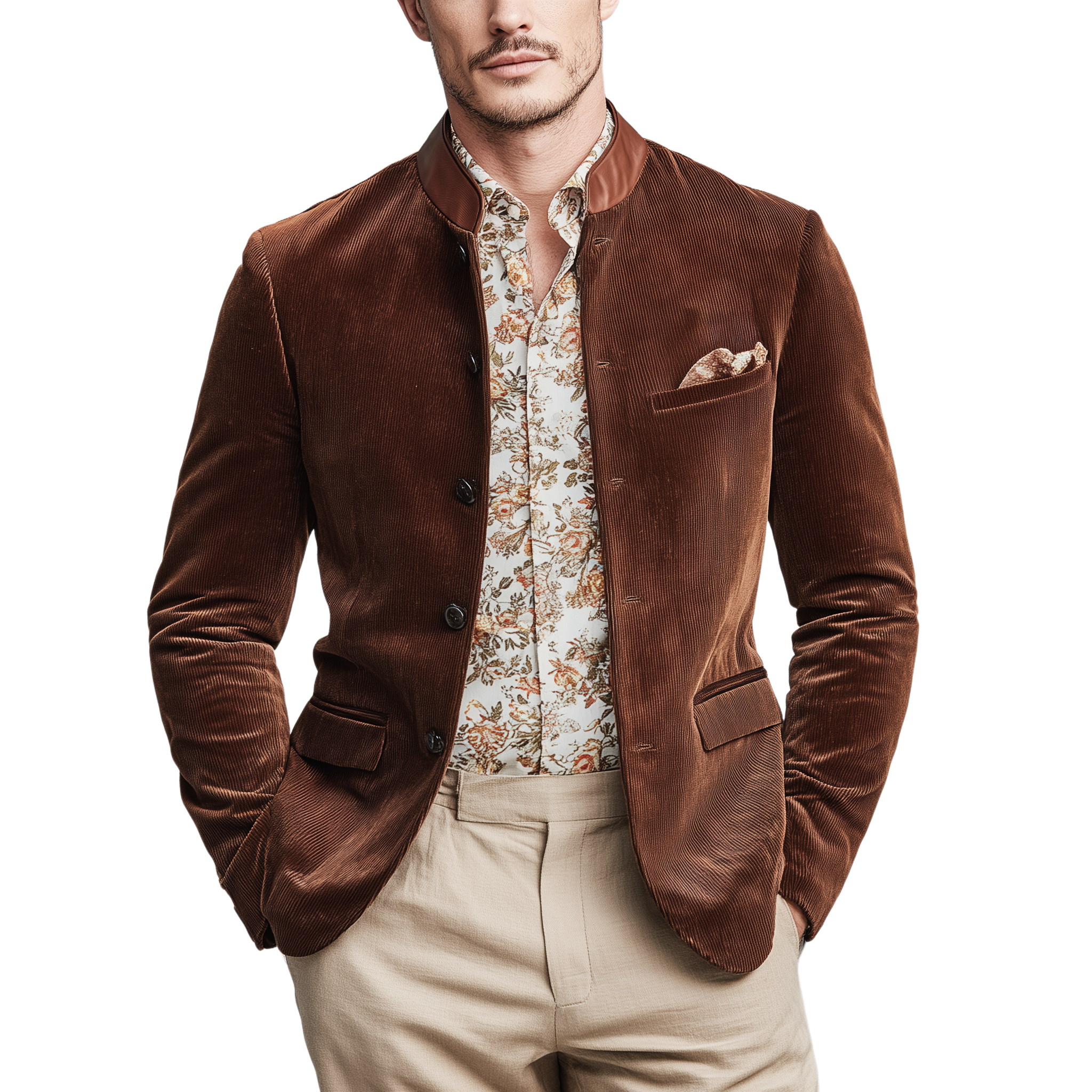 Men's Classic Casual Stand-up Collar Stitching PU Leather Slim Corduroy Jacket MTA1712I1K