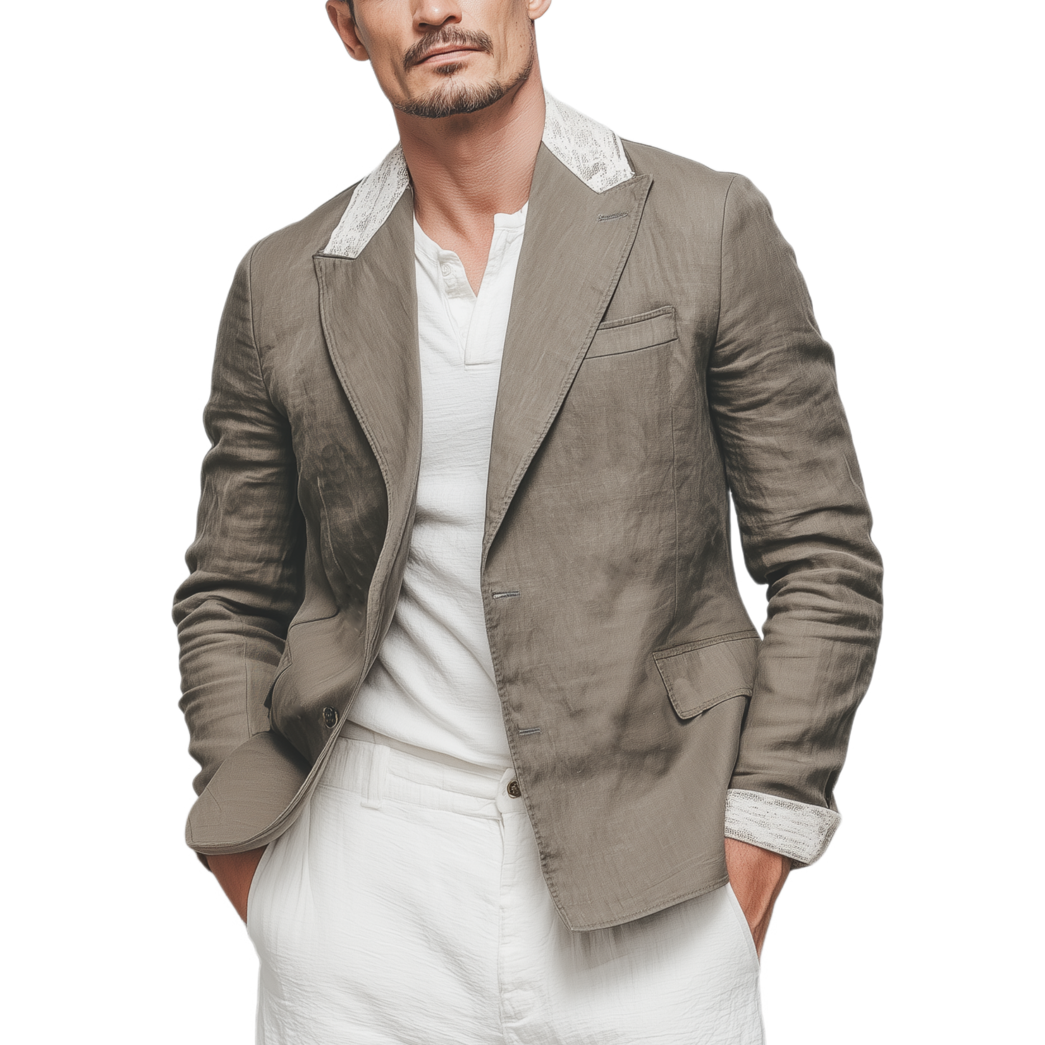 Men's Stylish Casual Cotton And Linen Blend Collar And Cuffs Lace Single-breasted Blazer MTA2546G1K