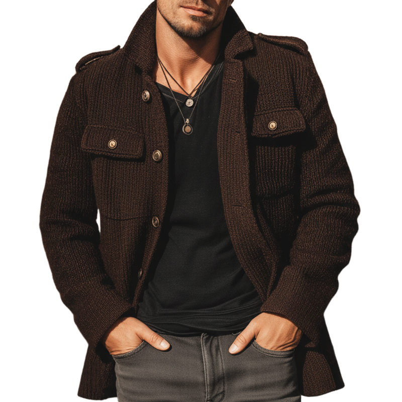 Men's Urban Chocolate-Colored Knitted Short Coat MTA1765K7U