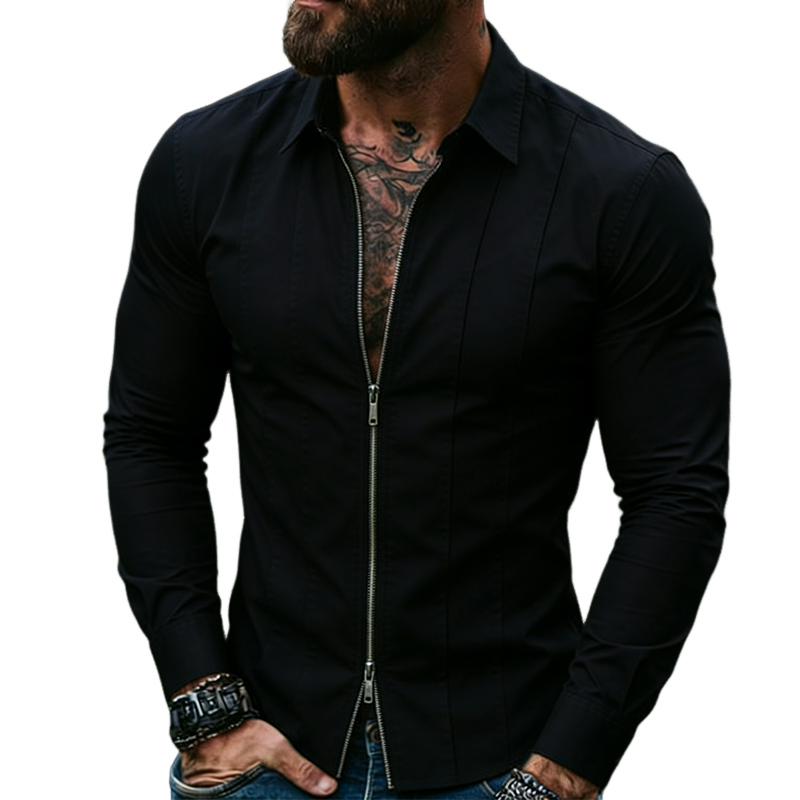 Men's Retro Casual Cotton Lapel Zippered Long-Sleeved Shirt MTZ2711A6TO