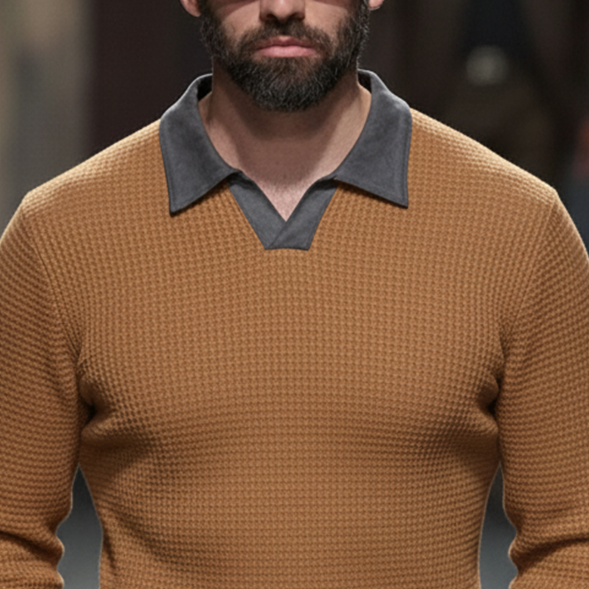 Men's Classic Casual Suede Collar And  Waffle Long-sleeved Polo Shirt MTA2878K9K