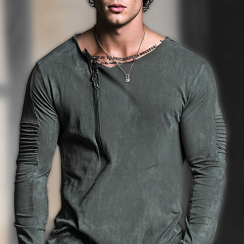Men's Fashion Distressed Zip Decor Round Neck Pleats Long Sleeve T-shirt MTA0814H6Z