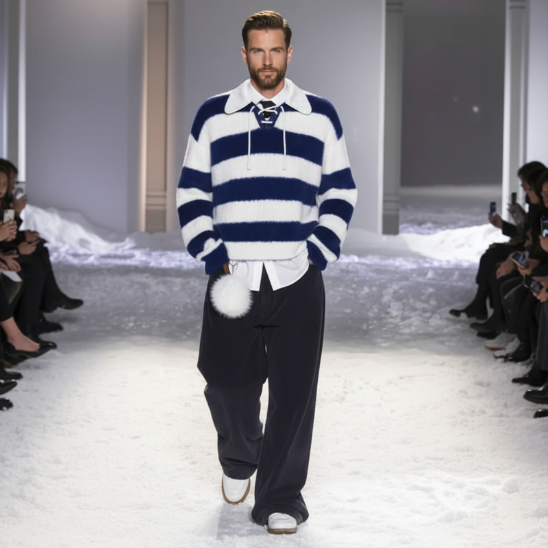 Men's Fashion Color Block Striped Tie-Neck Casual Knit Sweater MTA1068K7U