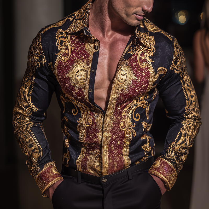 Men's Retro Casual Baroque Print Lapel Long Sleeve Shirt MTA3013G5TO