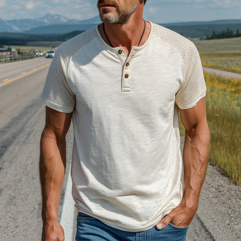 Men's Spring And Summer Fashion Casual Cotton Blended Shoulder Splicing Mesh Henley Collar Short Sleeve T-Shirt MTA0867G6K