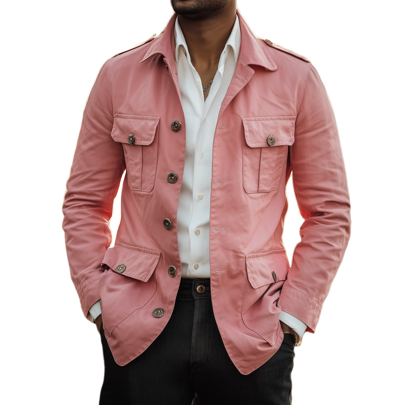 Men's Cotton Lapel Multi-pocket Single Breasted Epaulettes Casual Jacket MTA3073H3Z