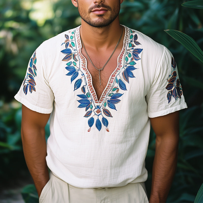 Men's Retro Blue Leaf Embroidery V-Neck Short Sleeve T-Shirt MTA1083E6U