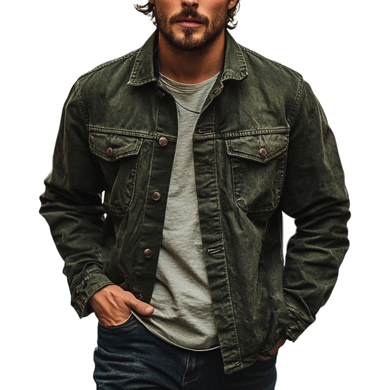 Men's Vintage Solid Color Washed Lapel Western Style Denim Jacket MTA1398I9X