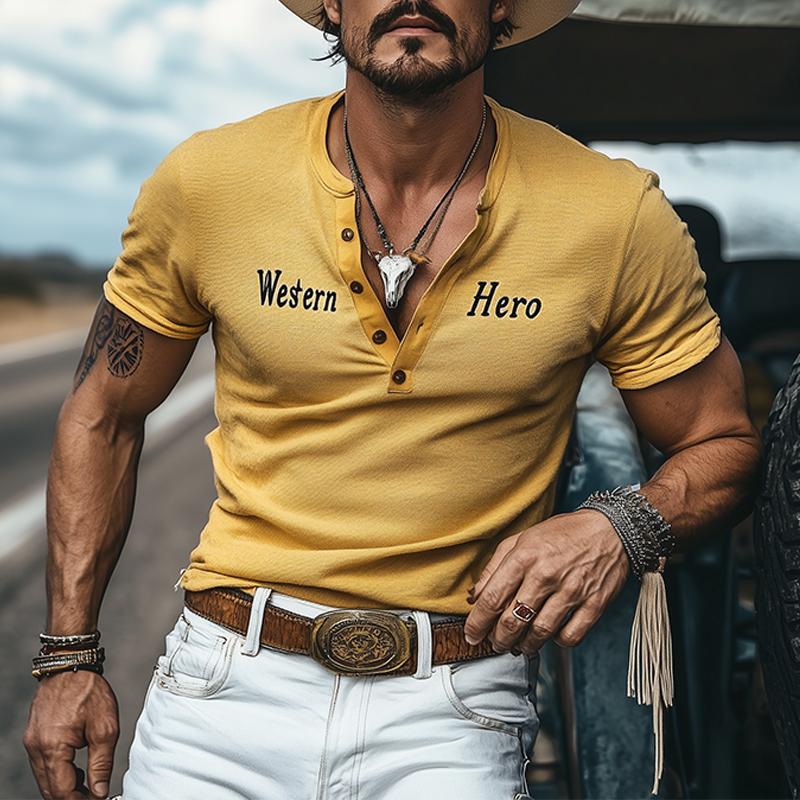 Men's Spring And Summer Fashion Casual Western Cowboy Style Slim Stretch Knitted Henley Collar Flocking Letter Print Short-sleeved T-shirt MTA1920E3K