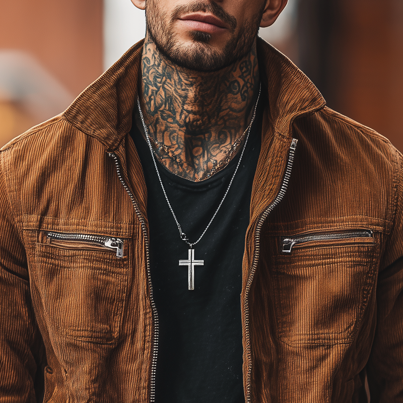Men's Corduroy Lapel Zipper Chest Pocket Bike Jacket MTA0154H6Z
