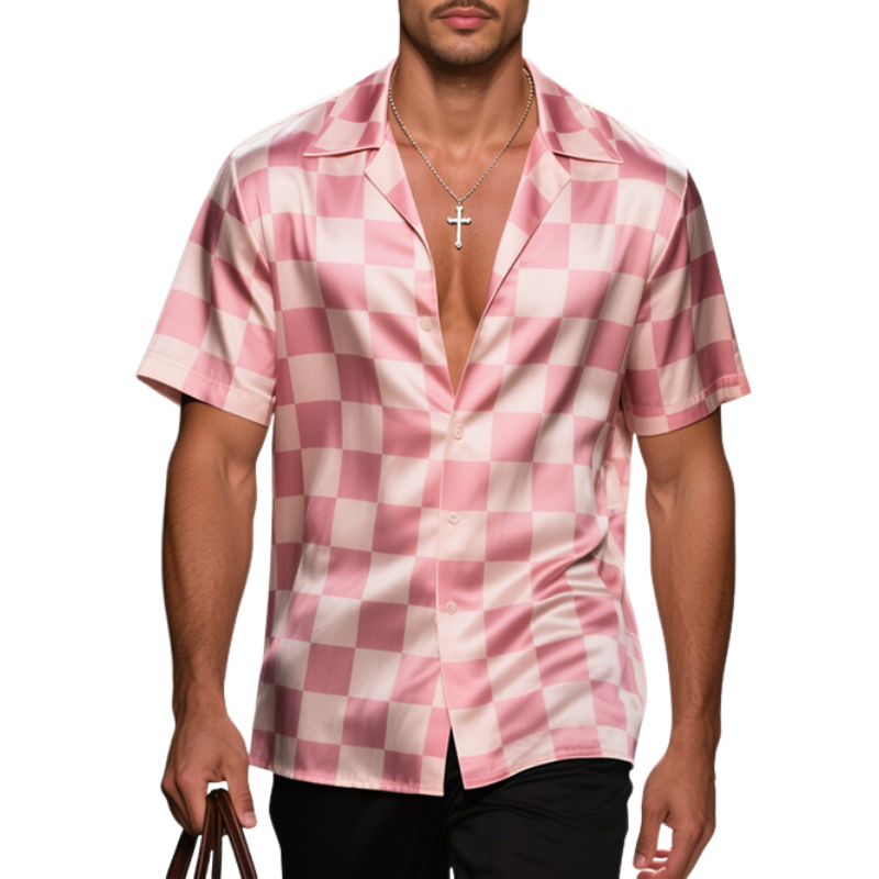 Men's Retro Casual Checkerboard Satin Print Lapel Short Sleeve Shirt MTA2967E4TO
