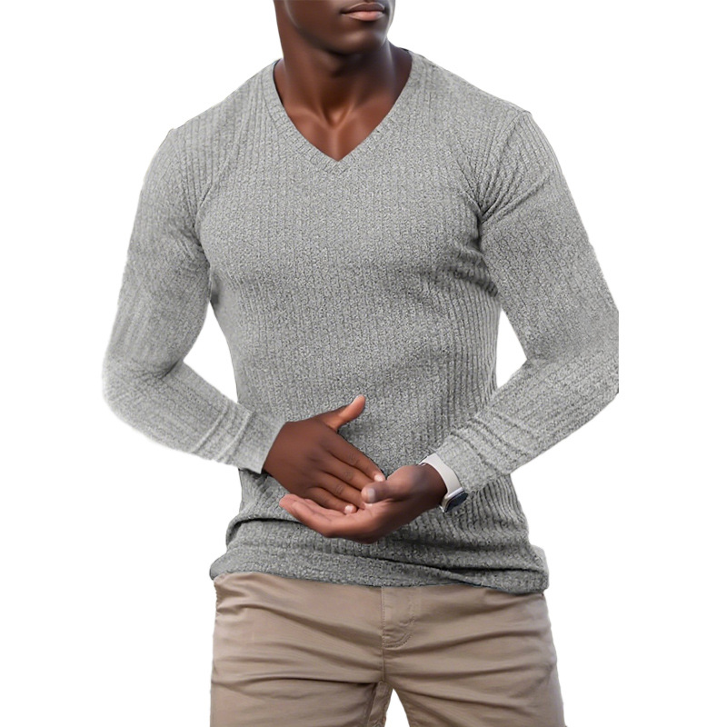 Men's Knitted Striped Textured V-neck Sweater MTA2821G0X