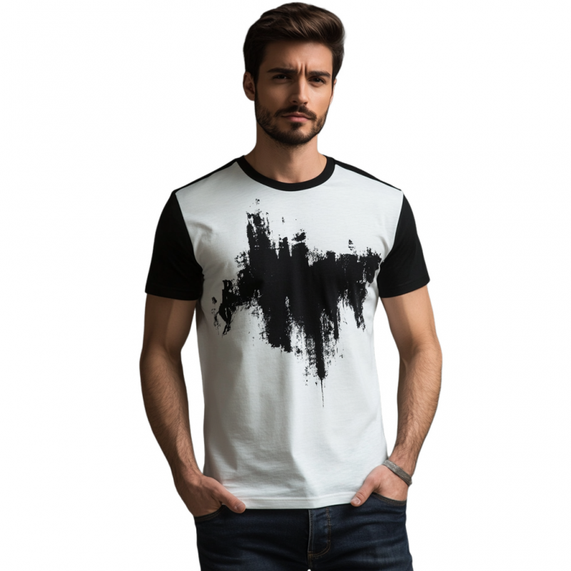Men's Casual Contrasting Print Round Neck Loose Short Sleeve T-shirt MTA1528E7M