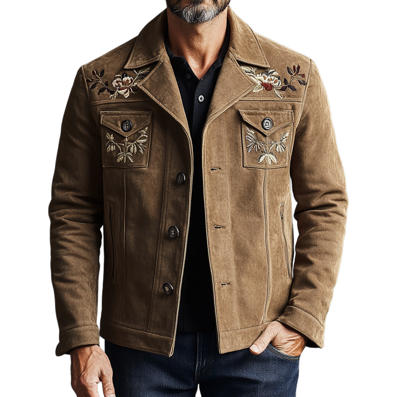 Men's Faux Suede Embroidered Lapel Button Jacket MTA2835K5X