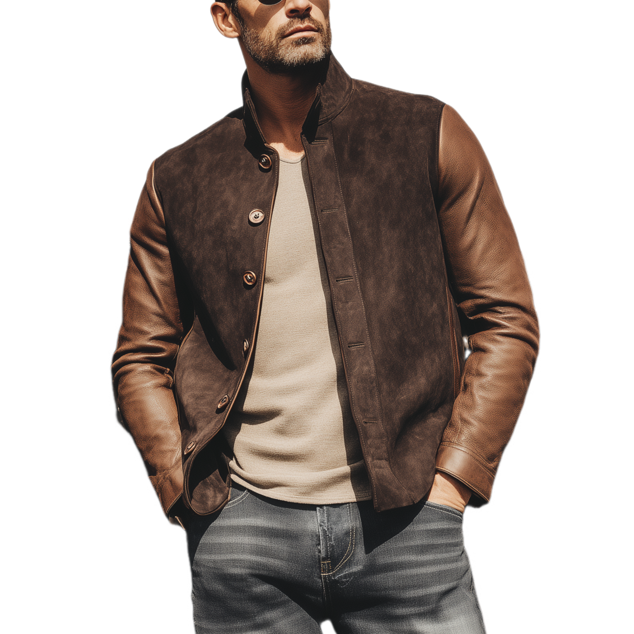 Men's Classic American Retro Western Style Sleeves Stitching PU Leather Stand Collar Suede Jacket MTA2057H1K