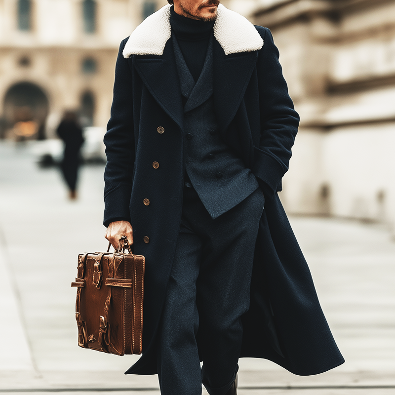 Men's Retro Casual British Style Fur Collar Long Coat MTA2551I0TO
