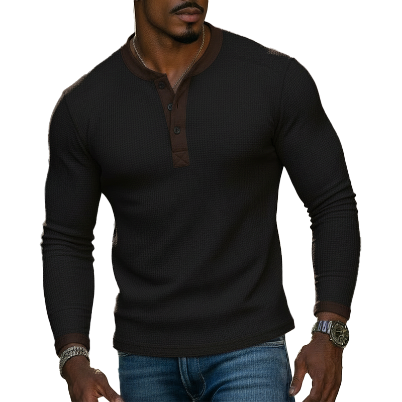 Men's Vintage-style Color-block Waffle-knit Long-sleeved Henley Shirt MTA2605L3P