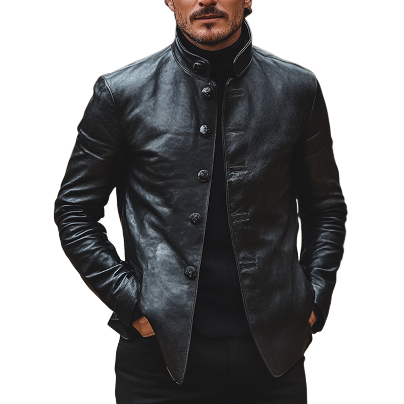 Men's Slim-fit Stand-up Collar Solid Color PU Button Jacket MTA2381J3X