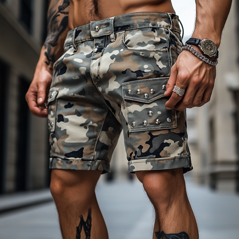 Men's Casual Outdoor Washed Cotton Camouflage Multi-Pocket Rivet Slim Shorts MTA0552F9M