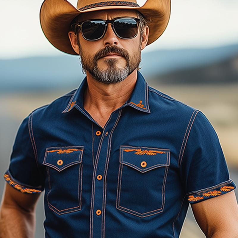 Men's Spring And Summer Fashion Casual Western Cowboy Style Washed Tencel Denim Cuff Embroidery Slim Fit Short Sleeve Shirt MTA1284E5K