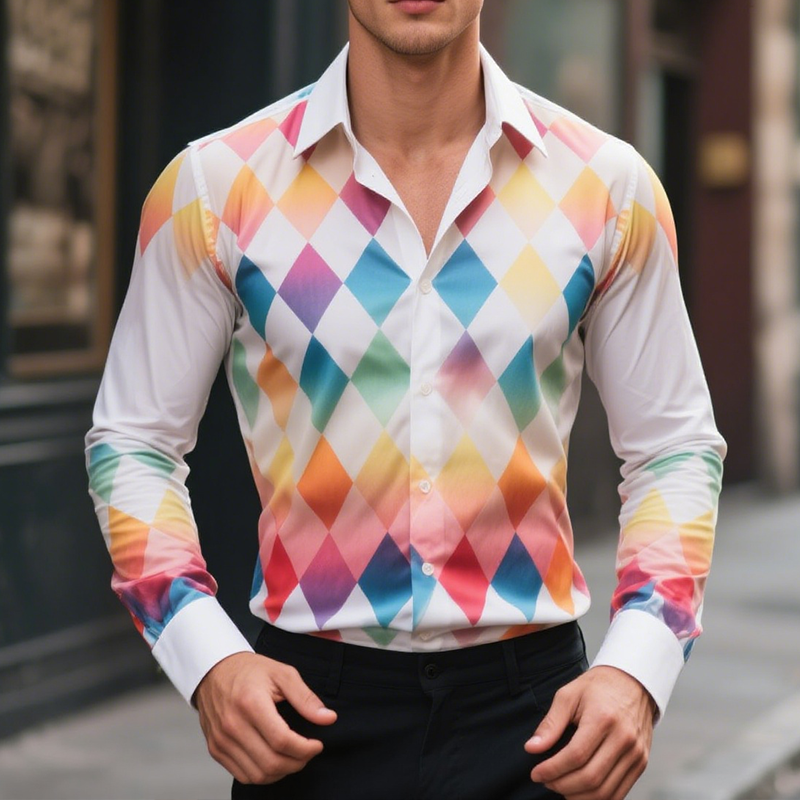 Men's Retro Casual Gradient Diamond Lapel Long Sleeve Shirt MTA0824H2TO
