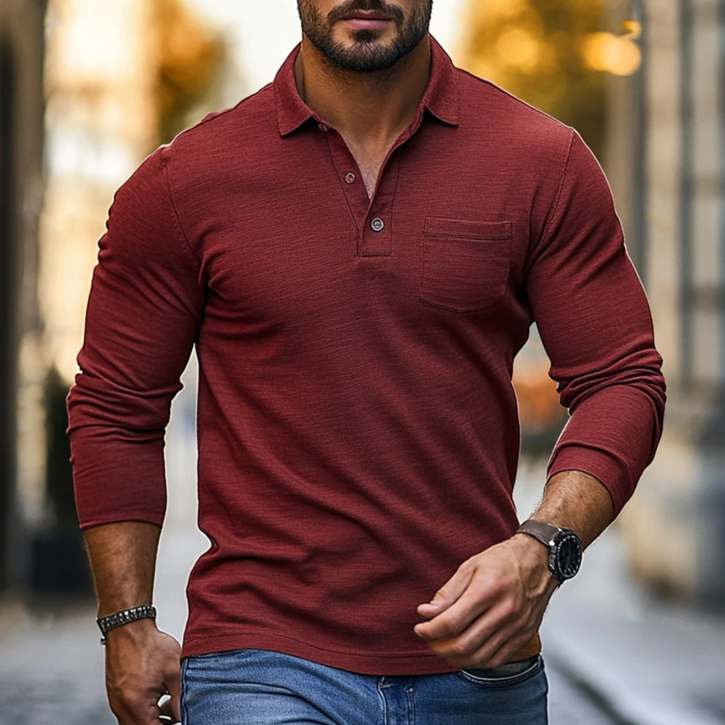 Men's Casual Breathable Skin-friendly Solid Color Cotton Lapel Slim Fit Long Sleeve T-shirt MTA2145G9M