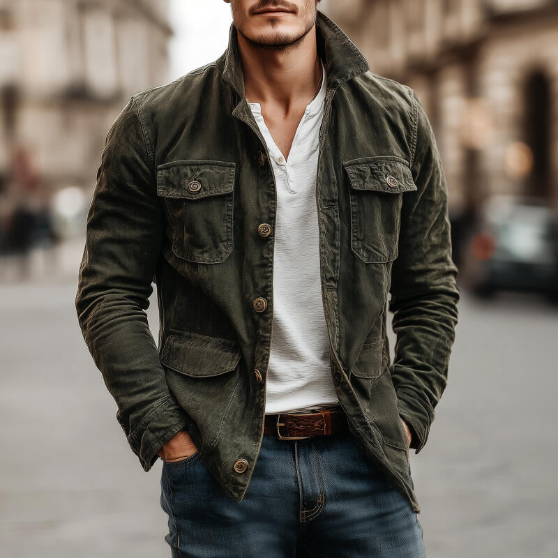 Men's Vintage Washed Distressed Cotton Lapel Single-breasted Multi-pocket Cargo Jacket MTA2559H1M