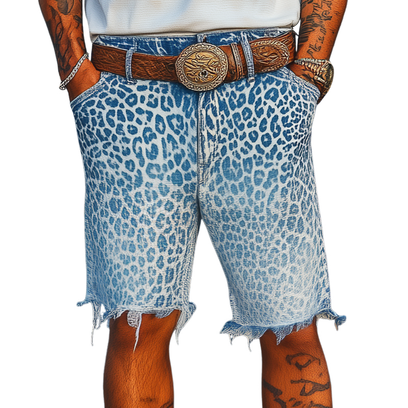 Men's Spring And Summer Fashion Retro Western Cowboy Style Washed Gradient Denim Leopard Print Loose Trousers Raw Edge Casual Shorts MTA1394E7K