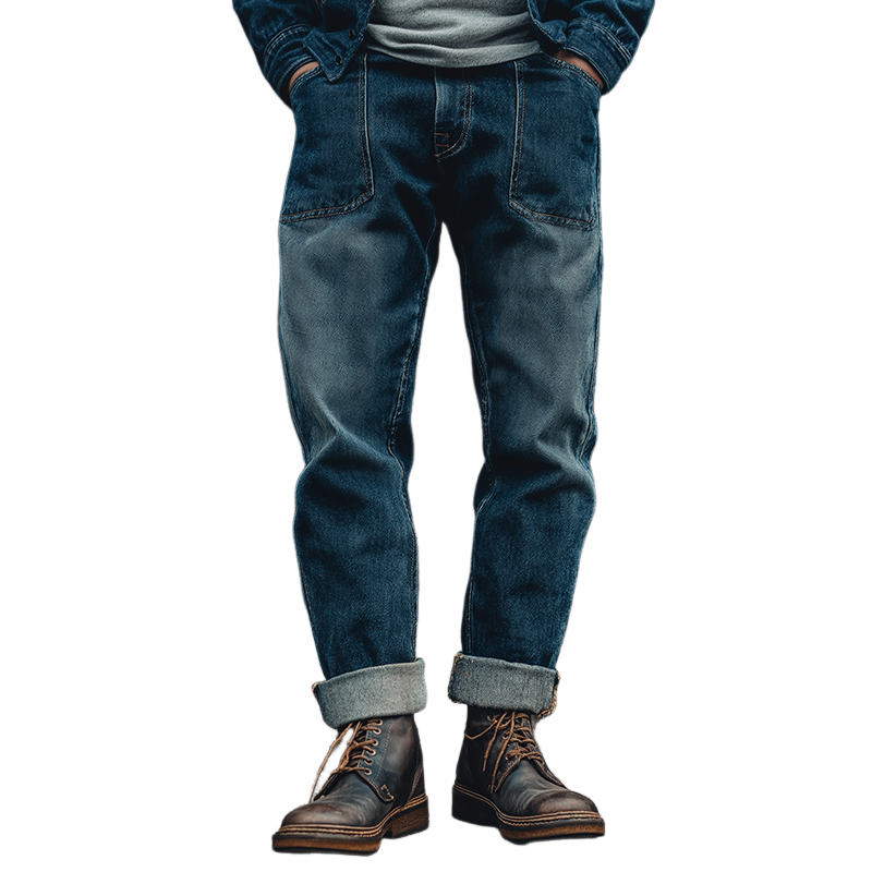 Men's Vintage Washed Distressed Denim Lumberjack Casual Trousers MTA3199G9TO