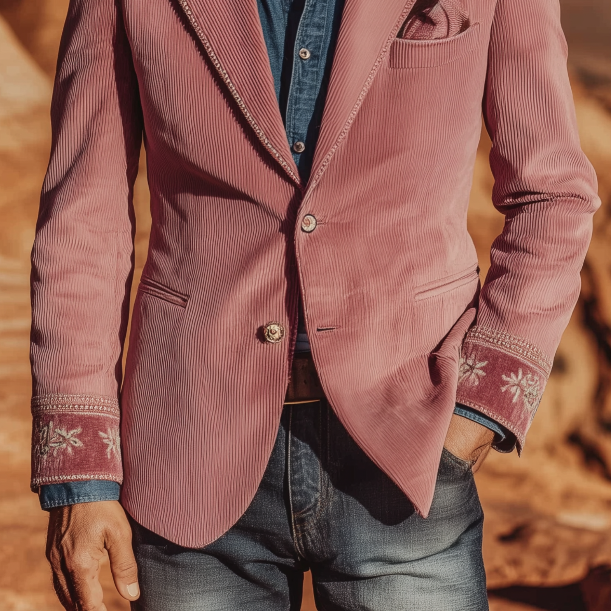 Men's Classic Retro Western Style Pink Corduroy Cuff Embroidered Single-breasted Slim-fit Blazer MTA2125H6K