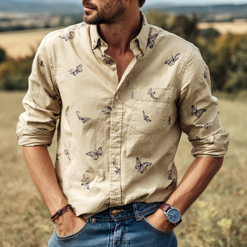 Men's Country Style Print Lapel Long Sleeve Shirt MTA0994I8Z