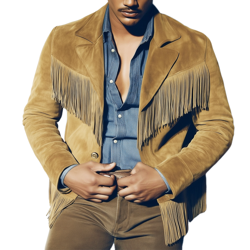 Men's Western Style Notched Lapel Fringe Suede Jacket MTA2602H8U