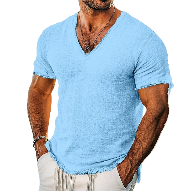 Men's Solid Cotton And Linen V Neck Rough Edge Short Sleeve T-shirt MTA0766E2Z
