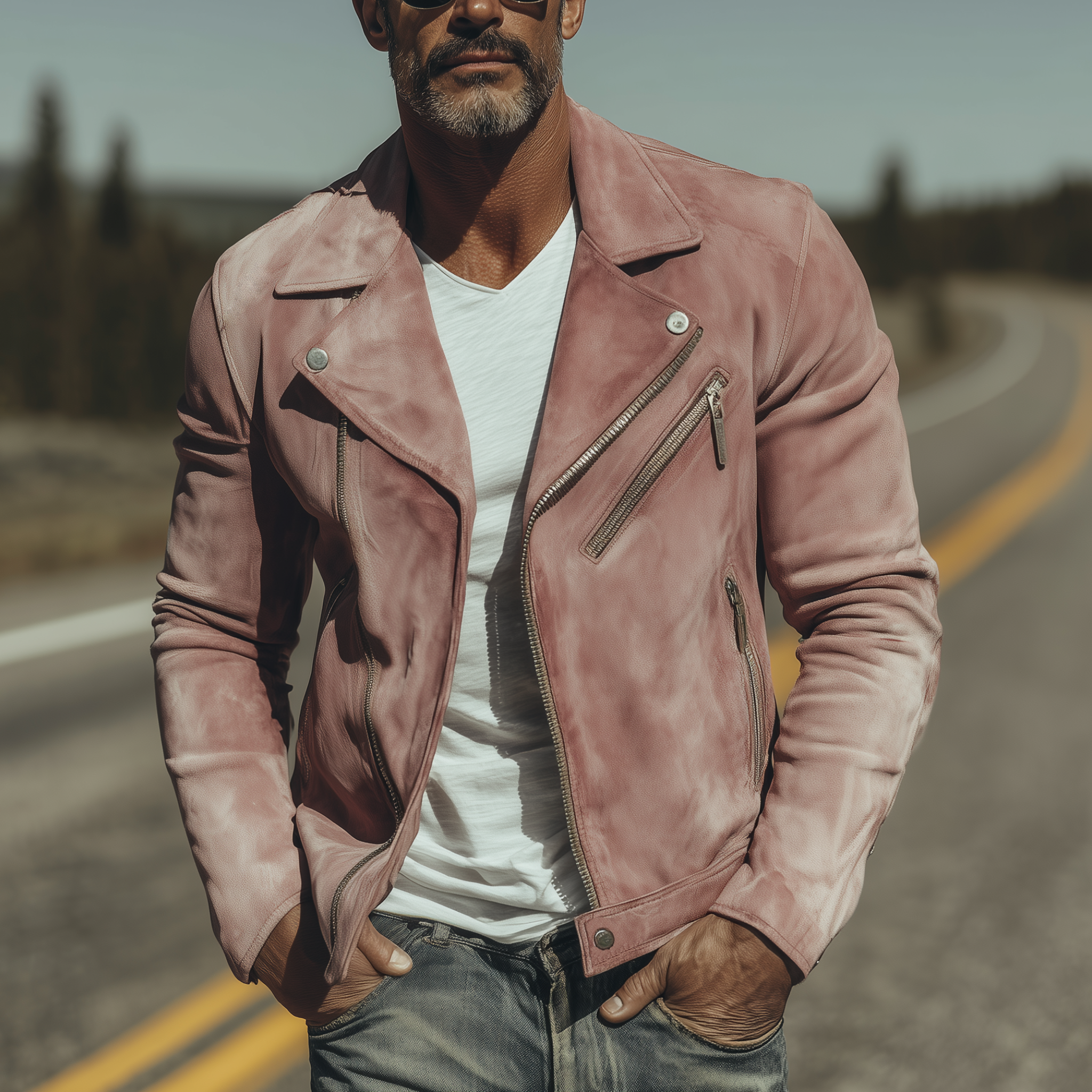 Men's Classic American Retro Lapel Pink Suede Motorcycle Jacket MTA2012H0K