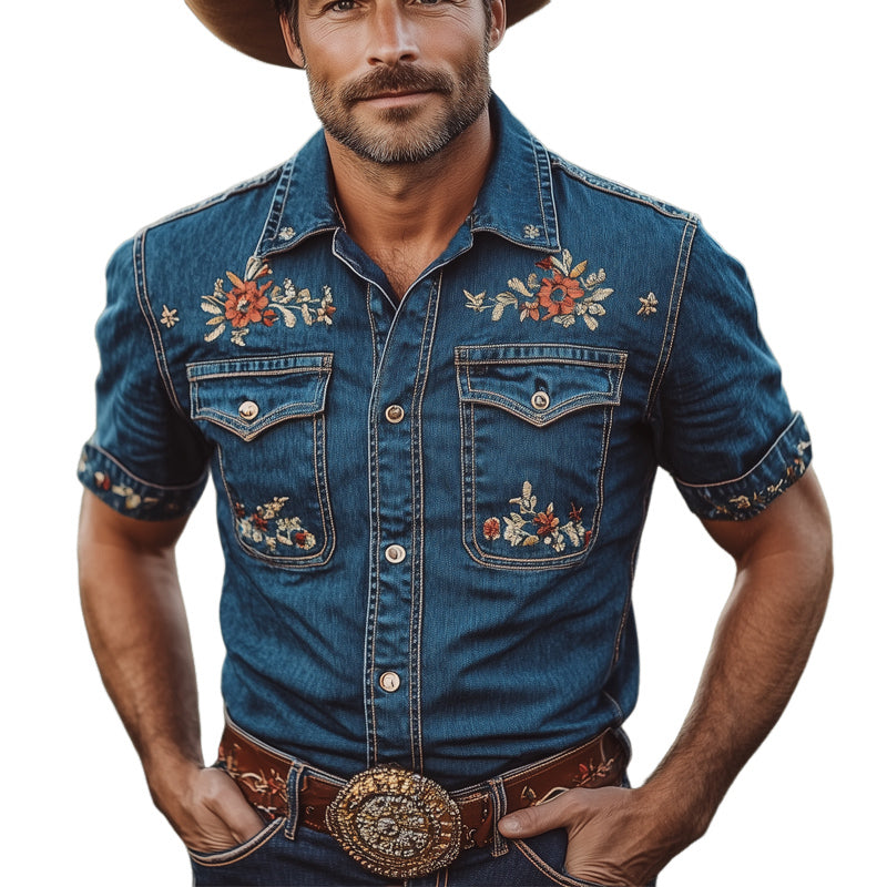 Men's Summer Classic Embroidered Denim Short Sleeve Shirt MTA2908D2U