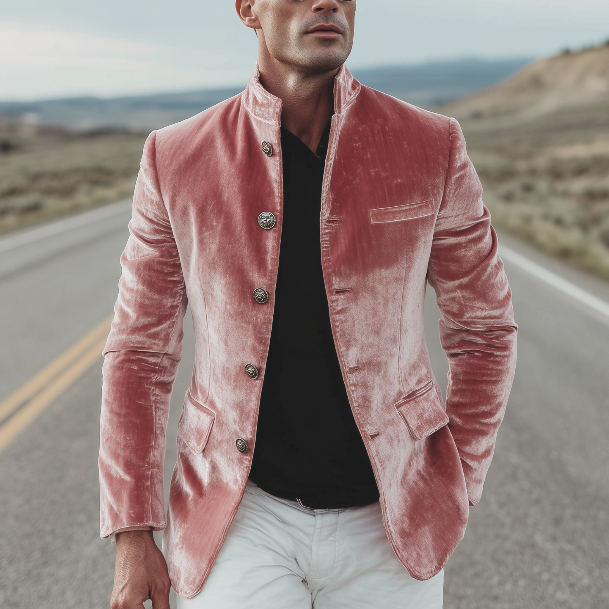 Men's Classic American Retro Stand Collar Button Pink Velvet Slim Jacket MTA1953H8K