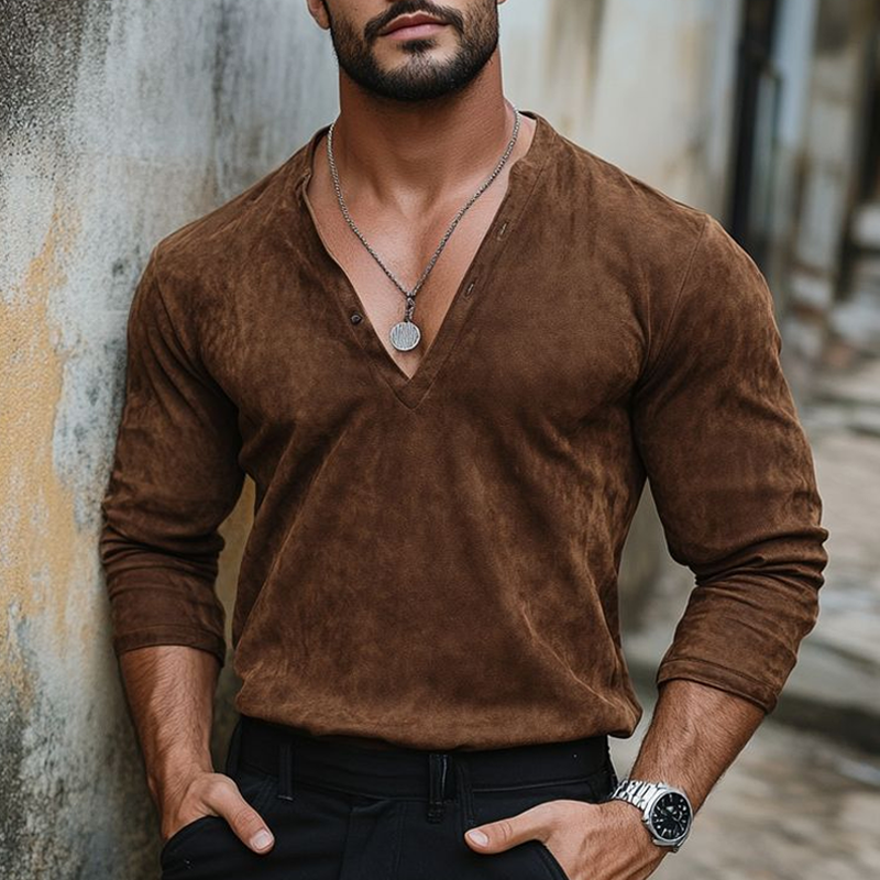 Men's Solid Suede V Neck Long Sleeve T-shirt MTA0928G3Z