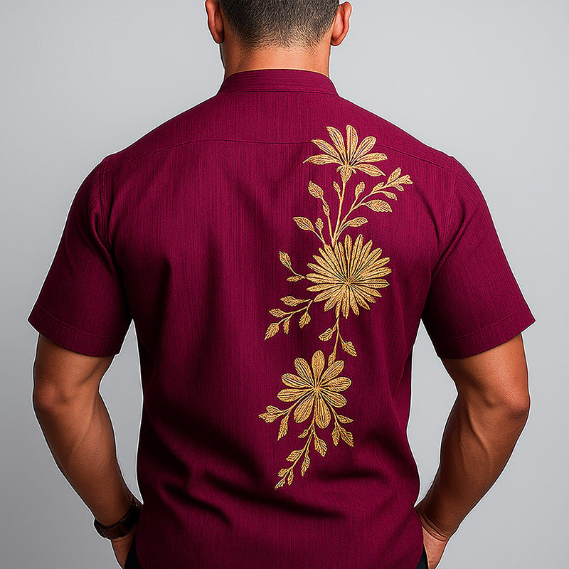 Men's Summer Fashion Floral Embroidery Cotton Short Sleeve Round Neck Shirt MTA1509E3P