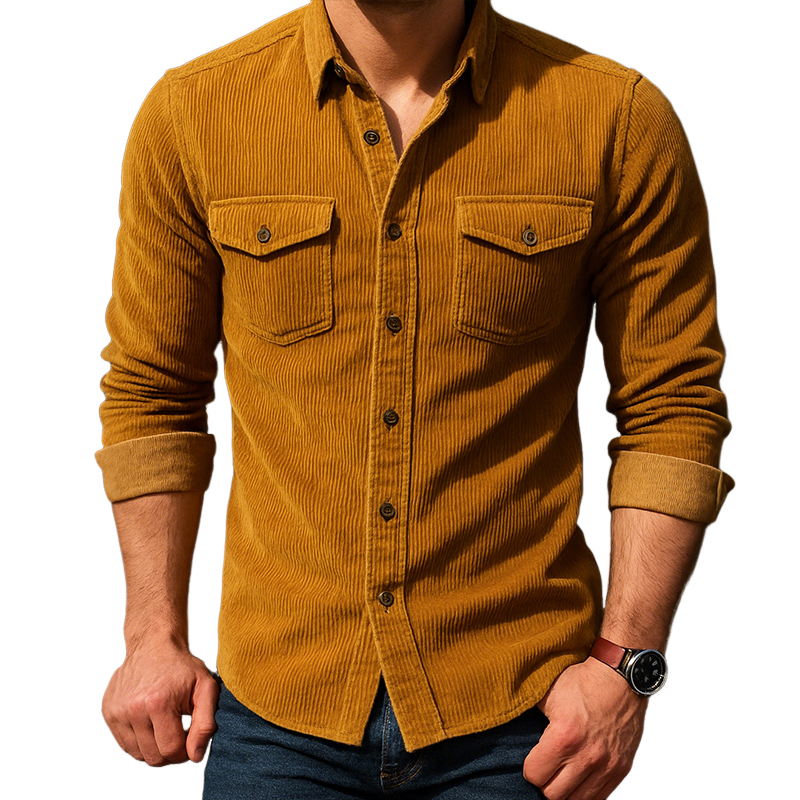 Men's Retro Casual Solid Color Corduroy Lapel Long Sleeve Shirt MTA0868H6TO
