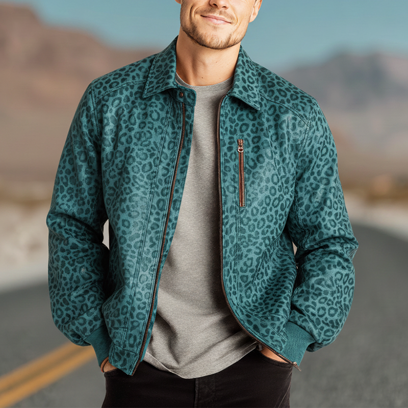 Men's Retro Glossy Suede Leopard Print PU Leather Jacket MTA3036I3P