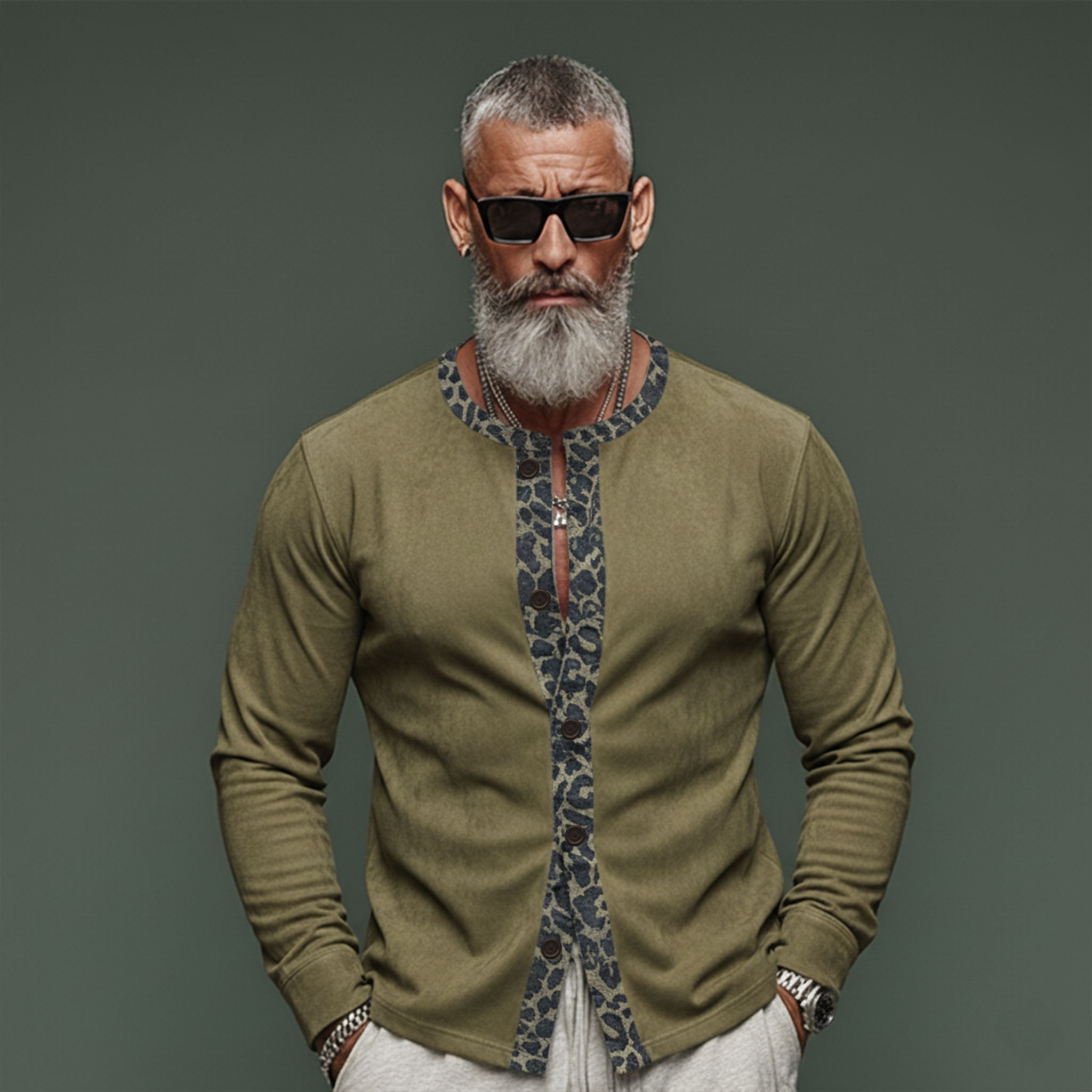 Men's Classic Casual Denim Jacquard Leopard Print Patchwork Faux Suede Long-Sleeve Shirt MTA1230L3K