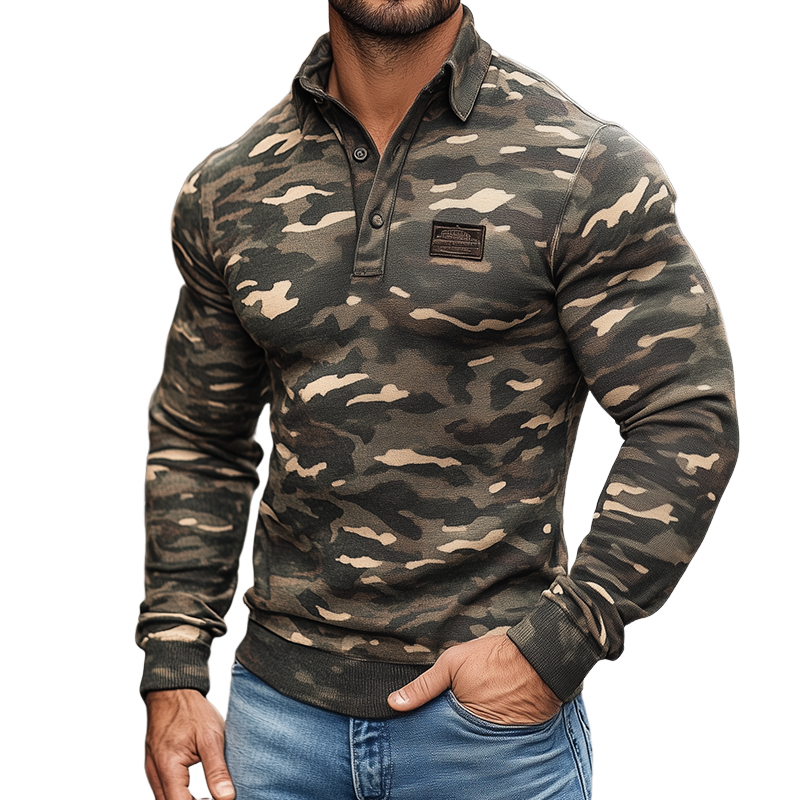 Men's Retro Casual Camouflage Lapel Long Sleeve T-shirt MTA2138H5TO