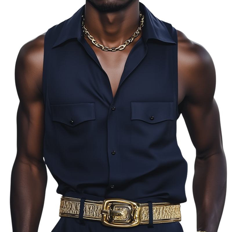 Men's Fashion Solid Color Cotton Blend Lapel Chest Pocket Loose Sleeveless Shirt MTA2451F6M