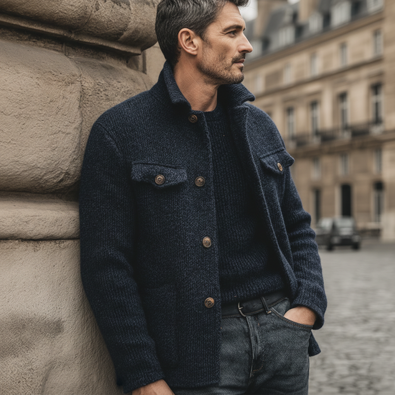 Men's Retro Navy Blue Stand Collar Button Knit Cardigan MTA3194J2U